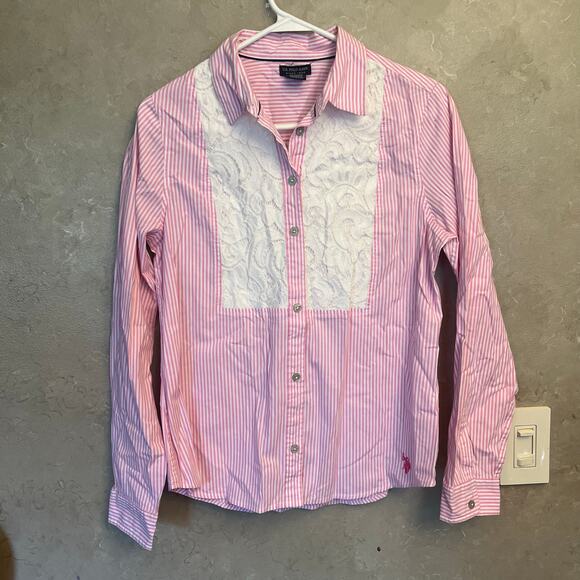 U.S. Polo Assn. Pink Pinstripe Lace Button Down Shirt M - Picture 11 of 13